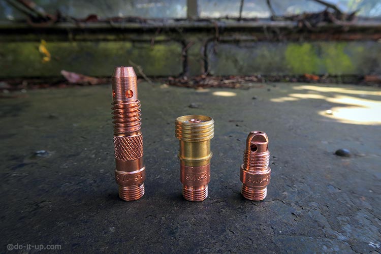 TIG Consumables - Gas Nozzles (Collet Body or Gas Lens) From L to R - Standard (long), Wide & Stubby.