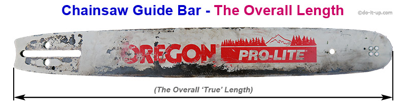 A well used Chainsaw Guide Bar – The Overall Length, or 'True Length' (also see the ‘Called Length’)