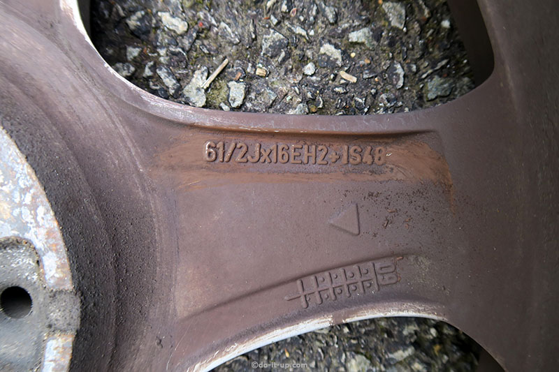 How to Identify the Wheel Size, by Using the Markings Stamped on the Wheel - For Alloy Wheels, This May be on the Inside of the Rim, 6.5Jx16EH2 (I believe IS48 is the offset ET48) -