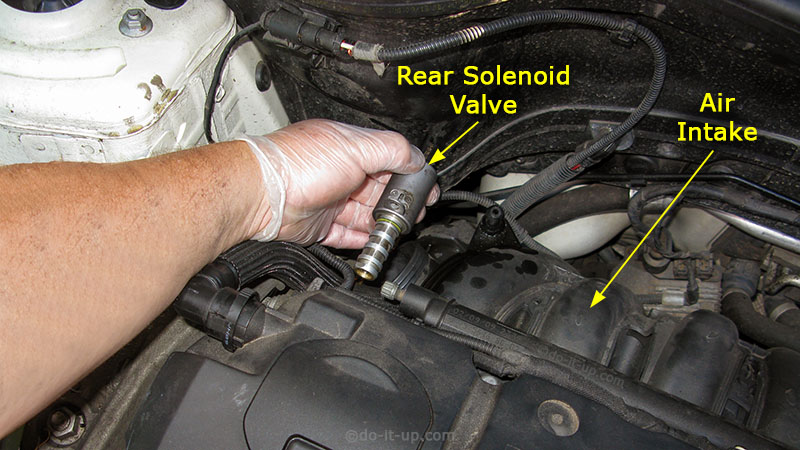 Oil Leaks - The Rear (Inlet) Solenoid Valve or Vanos (With the Air Filter Housing is Removed) (This example is fitted to a 1.6 Litre Petrol Engine, BMW, Citroën, Mini & Peugeot)