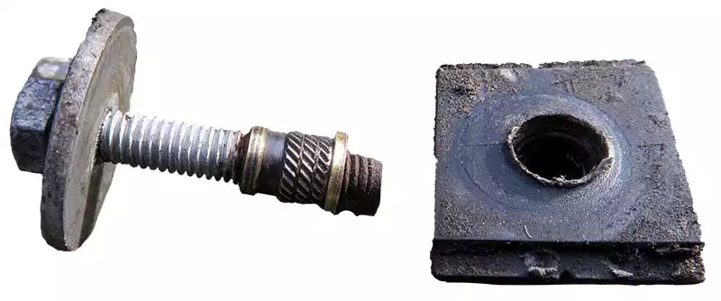 Seized Mini Headlight Bolt & Captive Nut Mounting Bracket (Still attached to the Bolt)